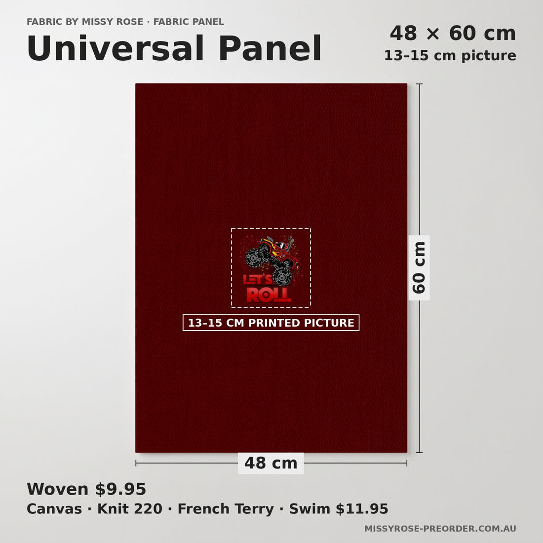 Design 376 Red Monster Truck Panel universal panel sizing – 13–15 cm printed picture on 48 × 60 cm fabric | Fabric by Missy Rose