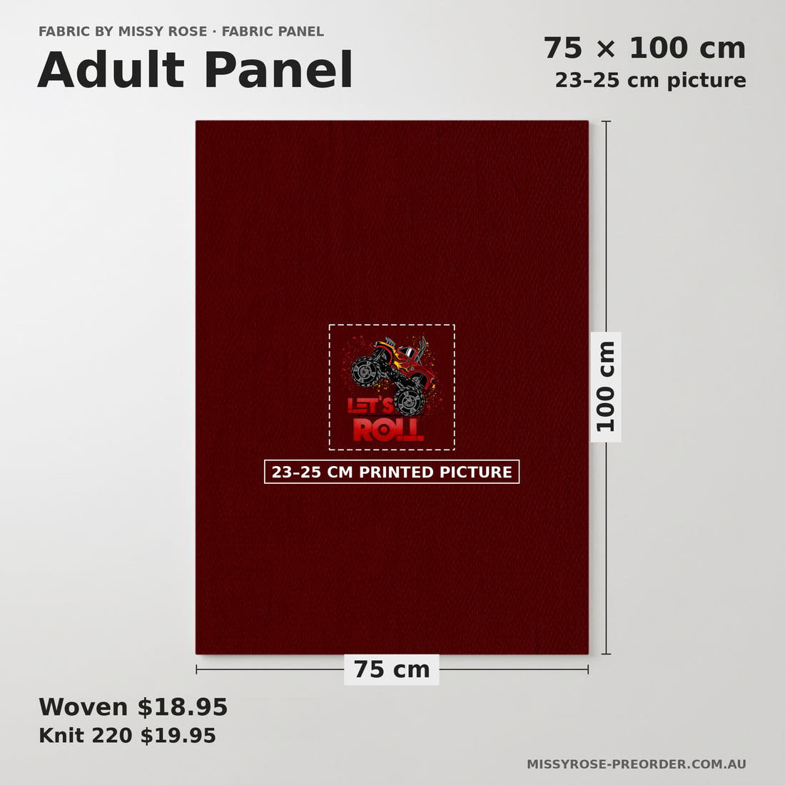 Design 376 Red Monster Truck Panel adult panel sizing – 23–25 cm printed picture on 75 × 100 cm fabric | Fabric by Missy Rose