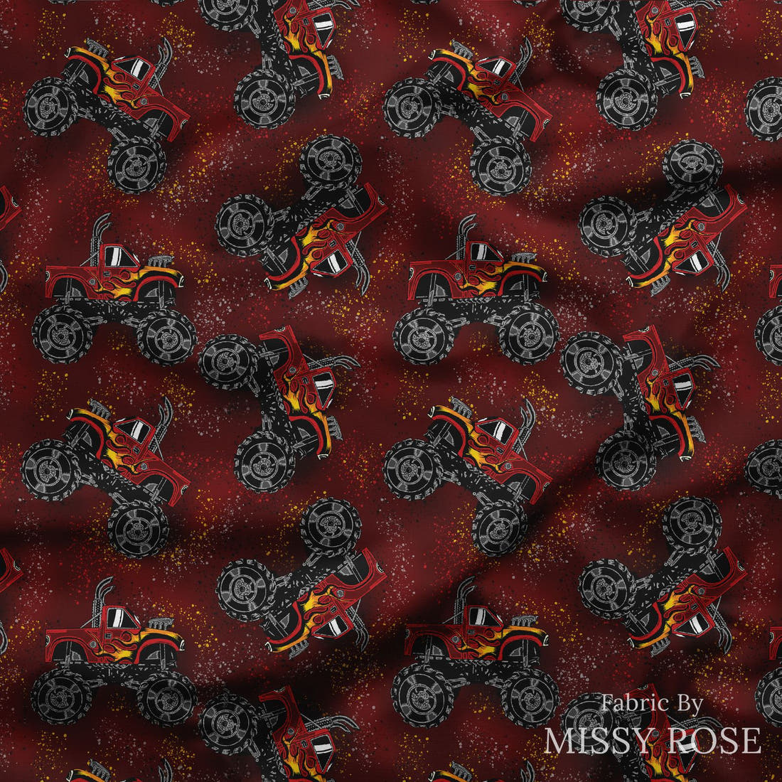 Design 376 Red Monster Truck Fabric draped fabric mockup – custom printed fabric by the metre | Fabric by Missy Rose