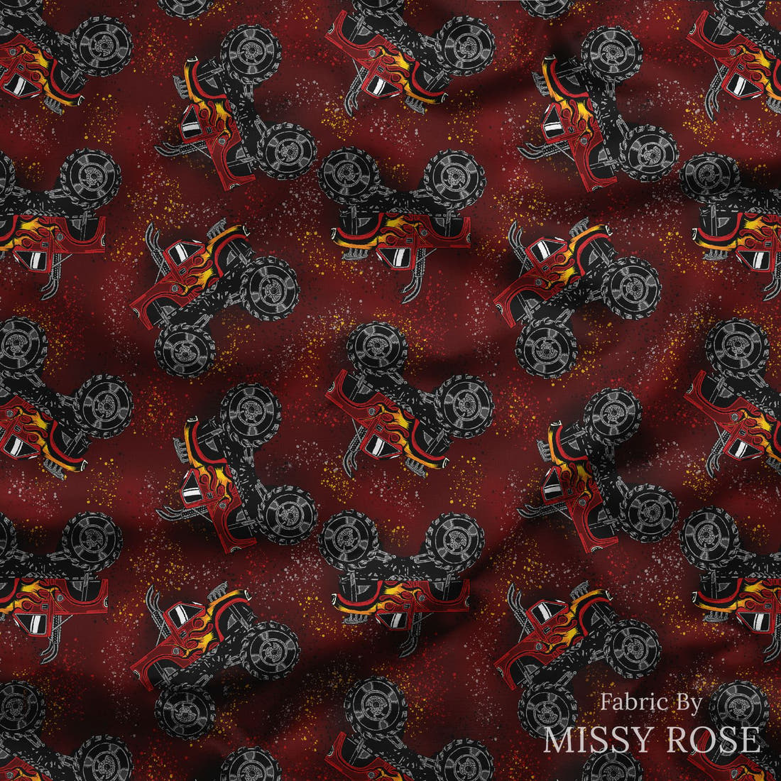 Design 376 Red Monster Truck Fabric draped fabric mockup – custom printed fabric by the metre | Fabric by Missy Rose