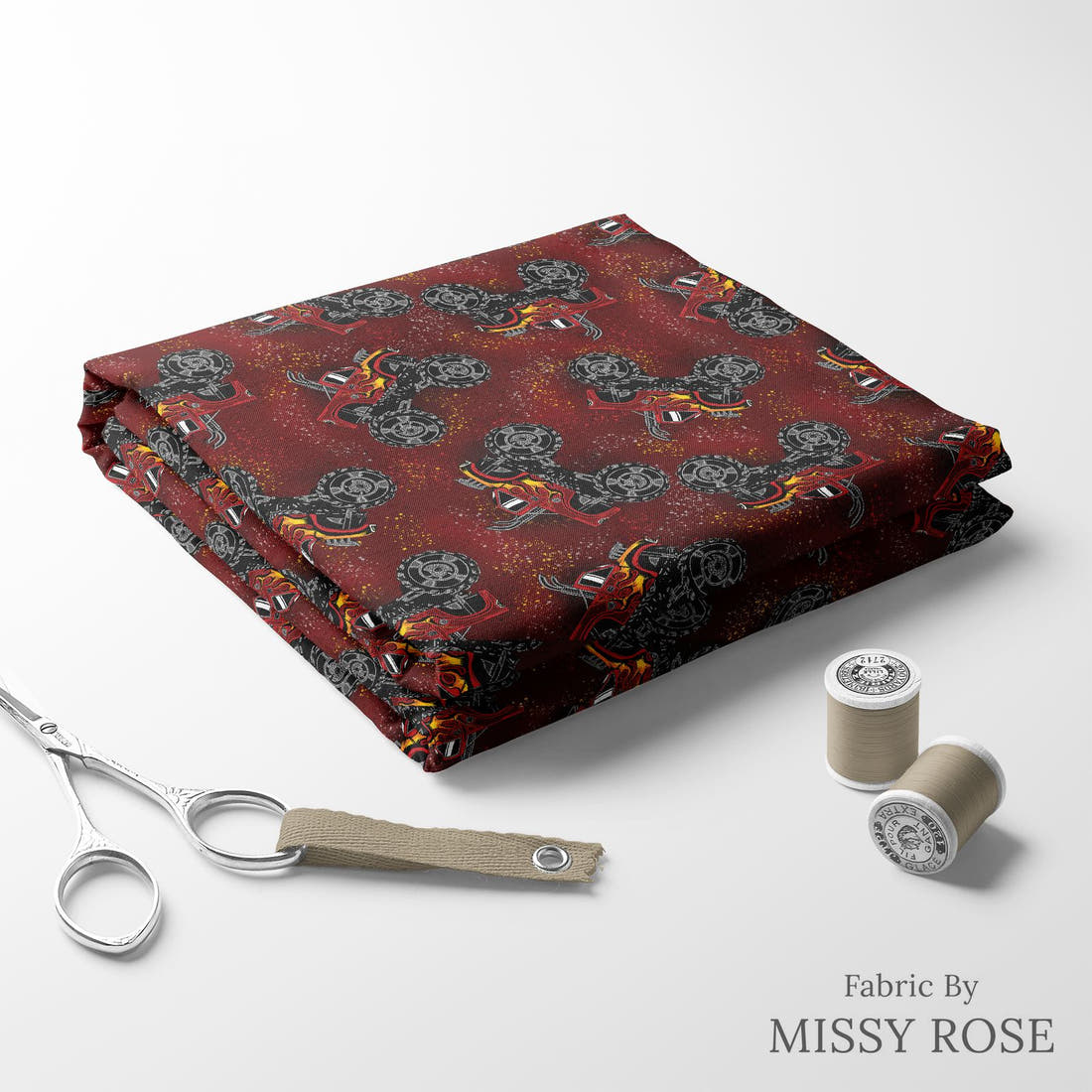 Design 376 Red Monster Truck Fabric folded fabric stack with matching thread – pre-order fabric Australia | Fabric by Missy Rose