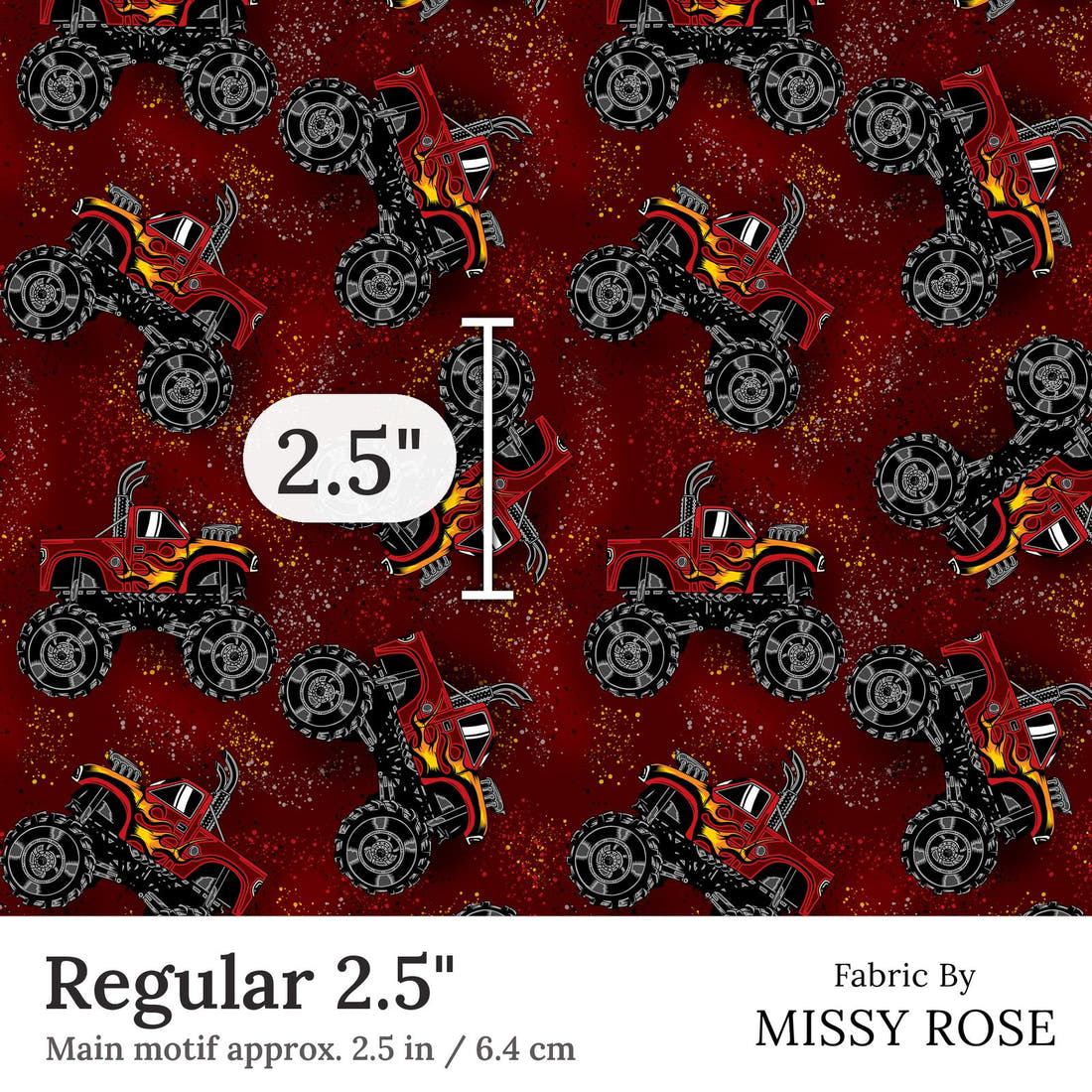 Design 376 Red Monster Truck Fabric Regular 2.5 inch print scale guide | Fabric by Missy Rose