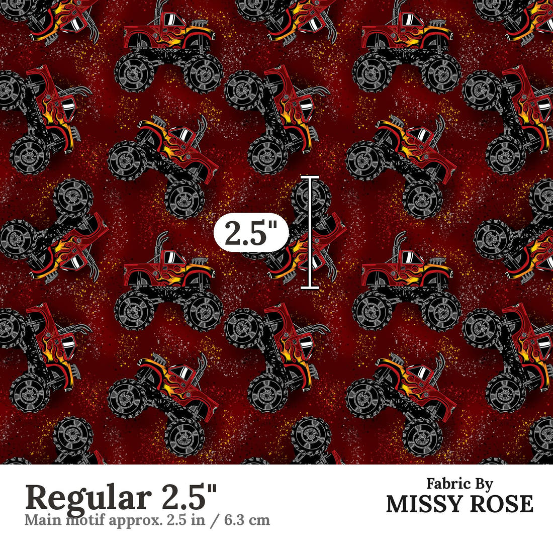 Design 376 Red Monster Truck Fabric Regular 2.5" - print scale | Fabric by Missy Rose