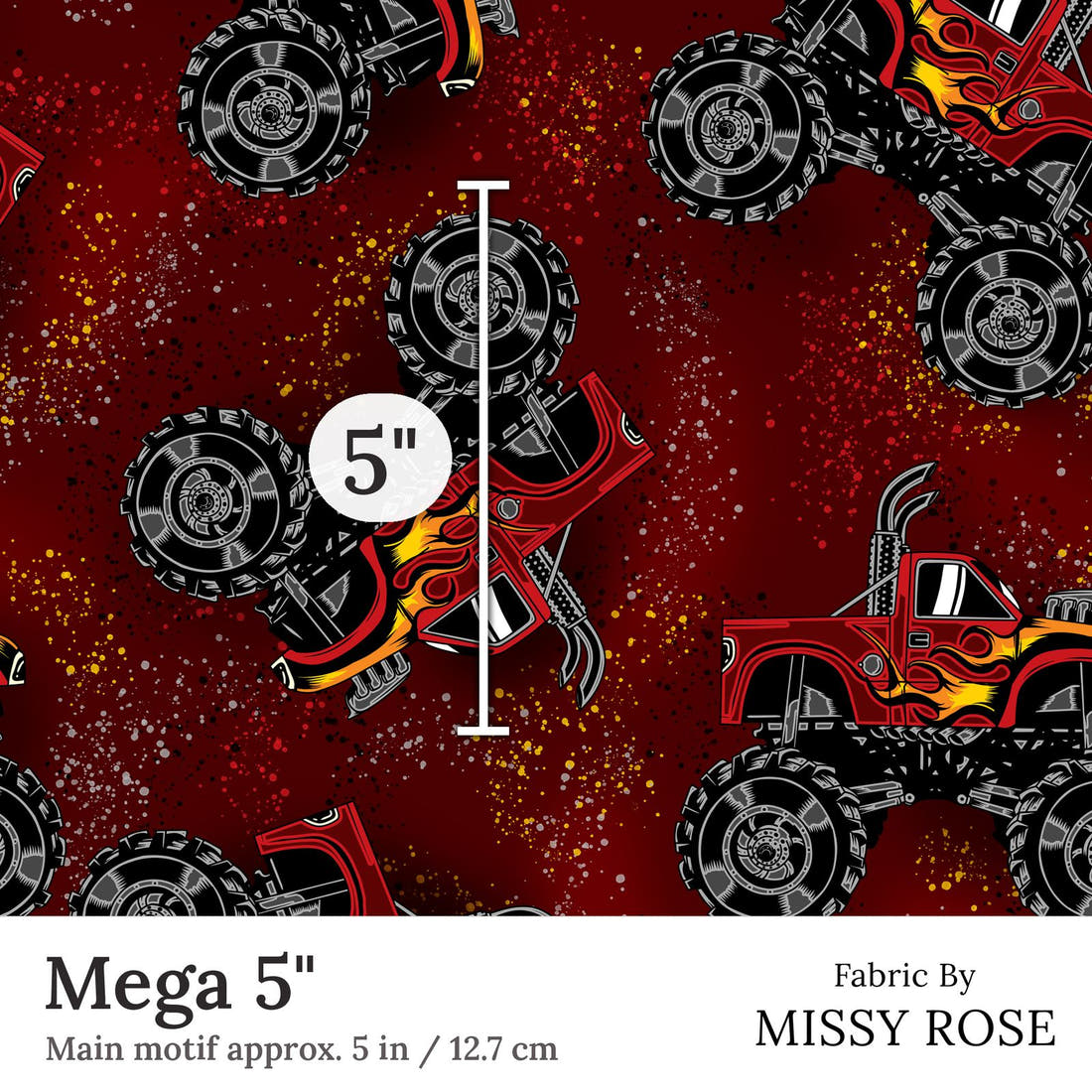 Design 376 Red Monster Truck Fabric Mega 5 inch print scale guide | Fabric by Missy Rose