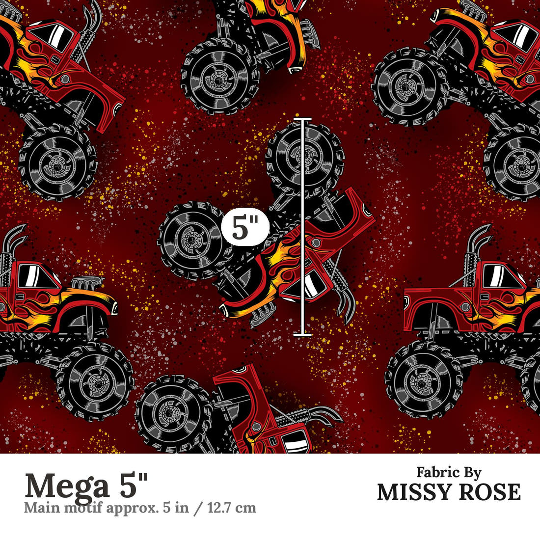 Design 376 Red Monster Truck Fabric Mega 5" - print scale | Fabric by Missy Rose