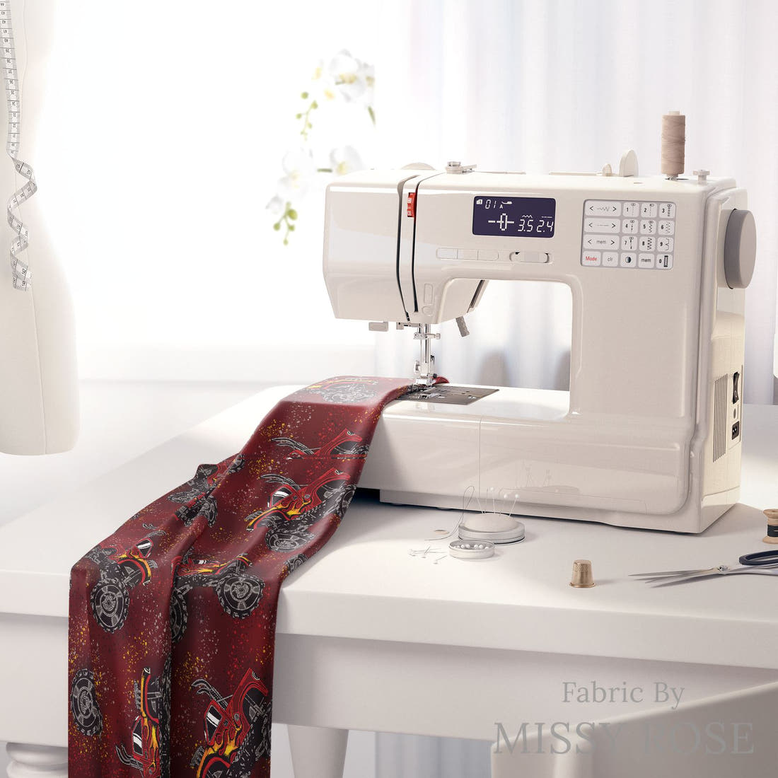 Design 376 Red Monster Truck Fabric on a sewing machine – premium fabric for sewing projects | Fabric by Missy Rose