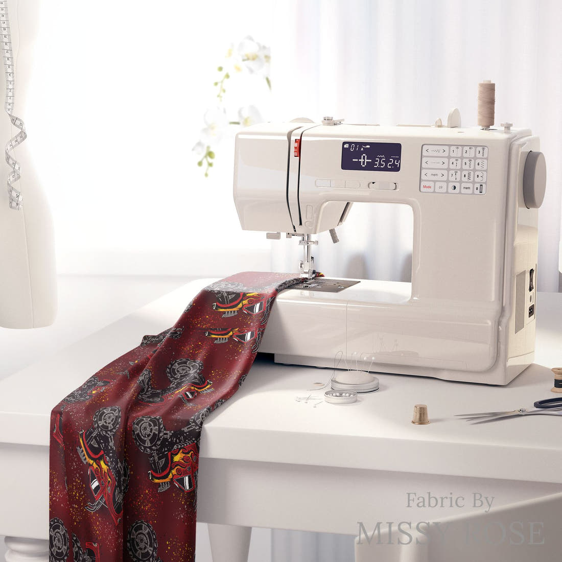 Design 376 Red Monster Truck Fabric on a sewing machine – premium fabric for sewing projects | Fabric by Missy Rose