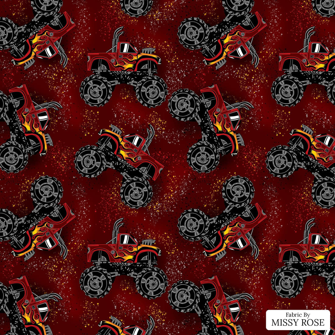 Design 376 Red Monster Truck Fabric - flat view of the print, zoom in for detail | Fabric by Missy Rose