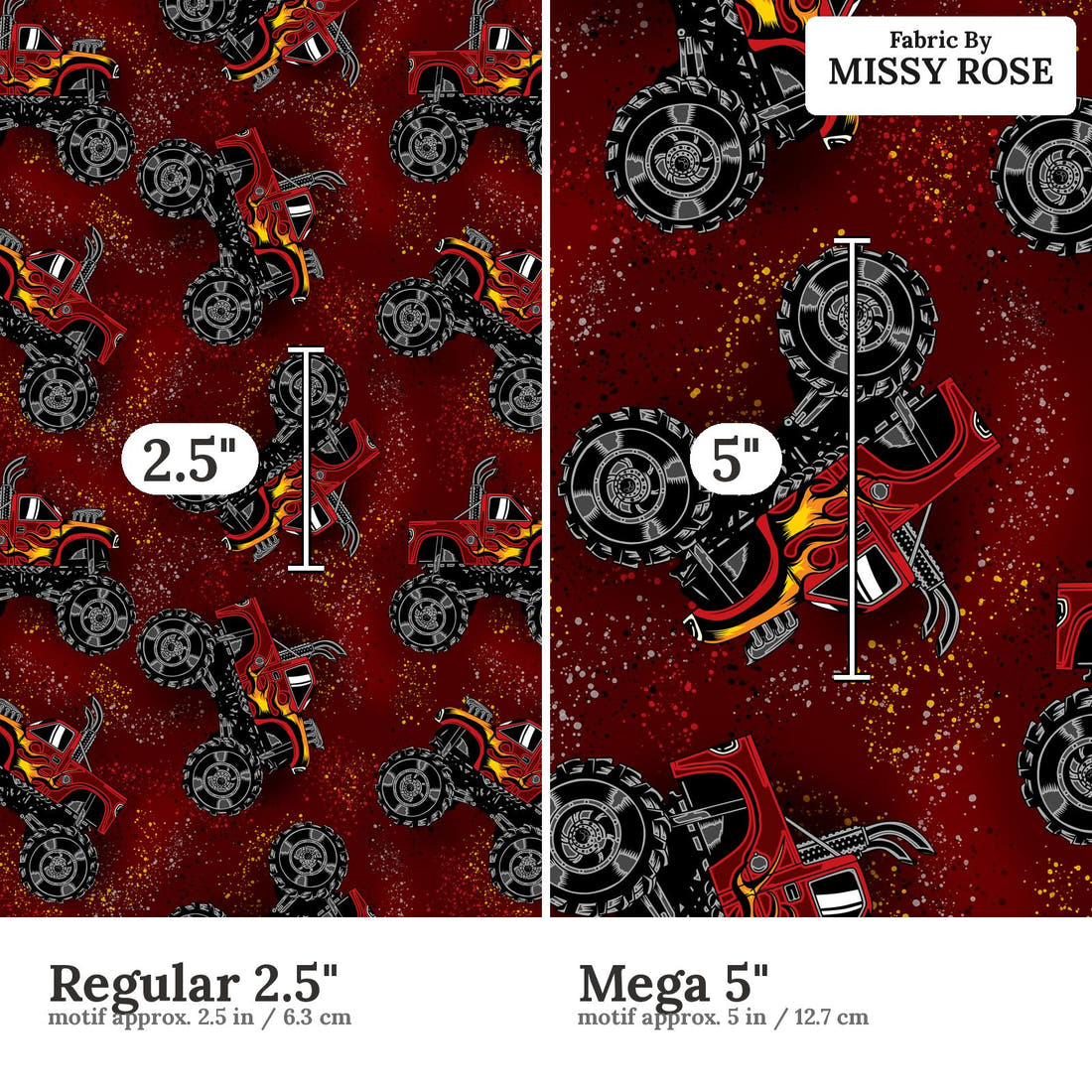 Design 376 Red Monster Truck Fabric size comparison - print scale | Fabric by Missy Rose