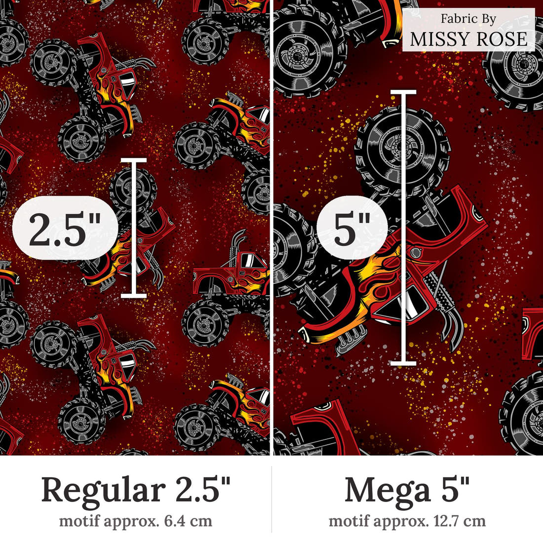 Design 376 Red Monster Truck Fabric Regular 2.5 inch vs Mega 5 inch print scale side by side | Fabric by Missy Rose
