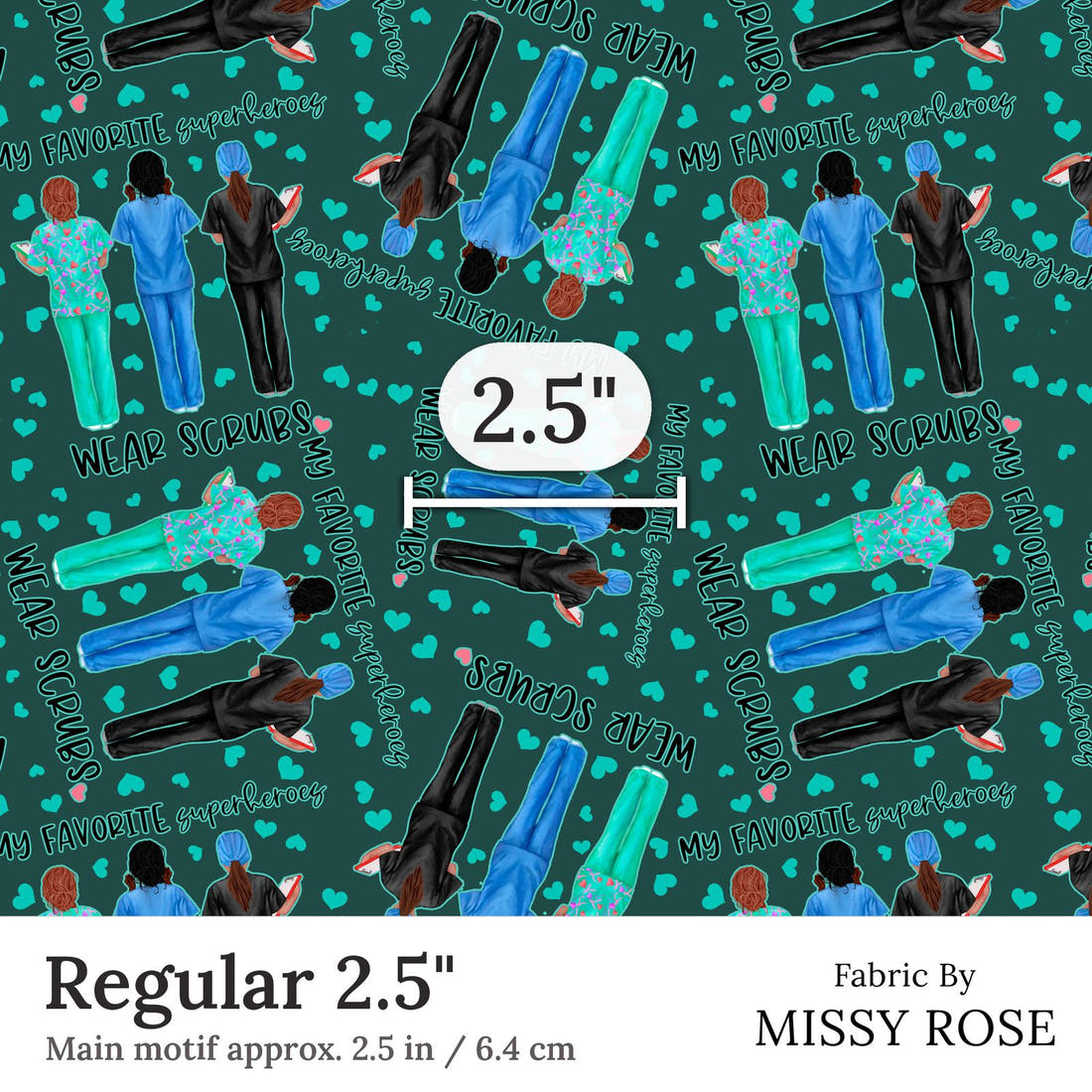 Design 377 Nurse Superhero Fabric Regular 2.5 inch print scale guide | Fabric by Missy Rose