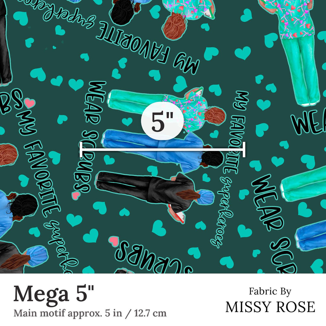 Design 377 Nurse Superhero Fabric Mega 5 inch print scale guide | Fabric by Missy Rose