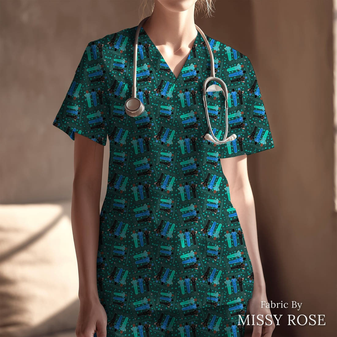Design 377 Nurse Superhero Fabric sewn into a scrubs top – see how the print looks made up | Fabric by Missy Rose