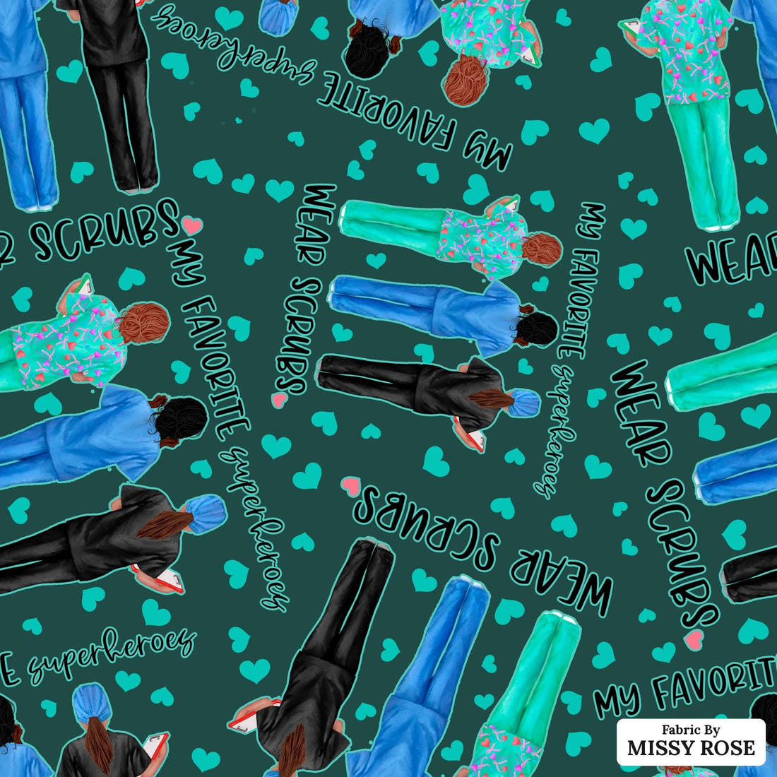 Design 377 Nurse Superhero Fabric - flat view of the print, zoom in for detail | Fabric by Missy Rose