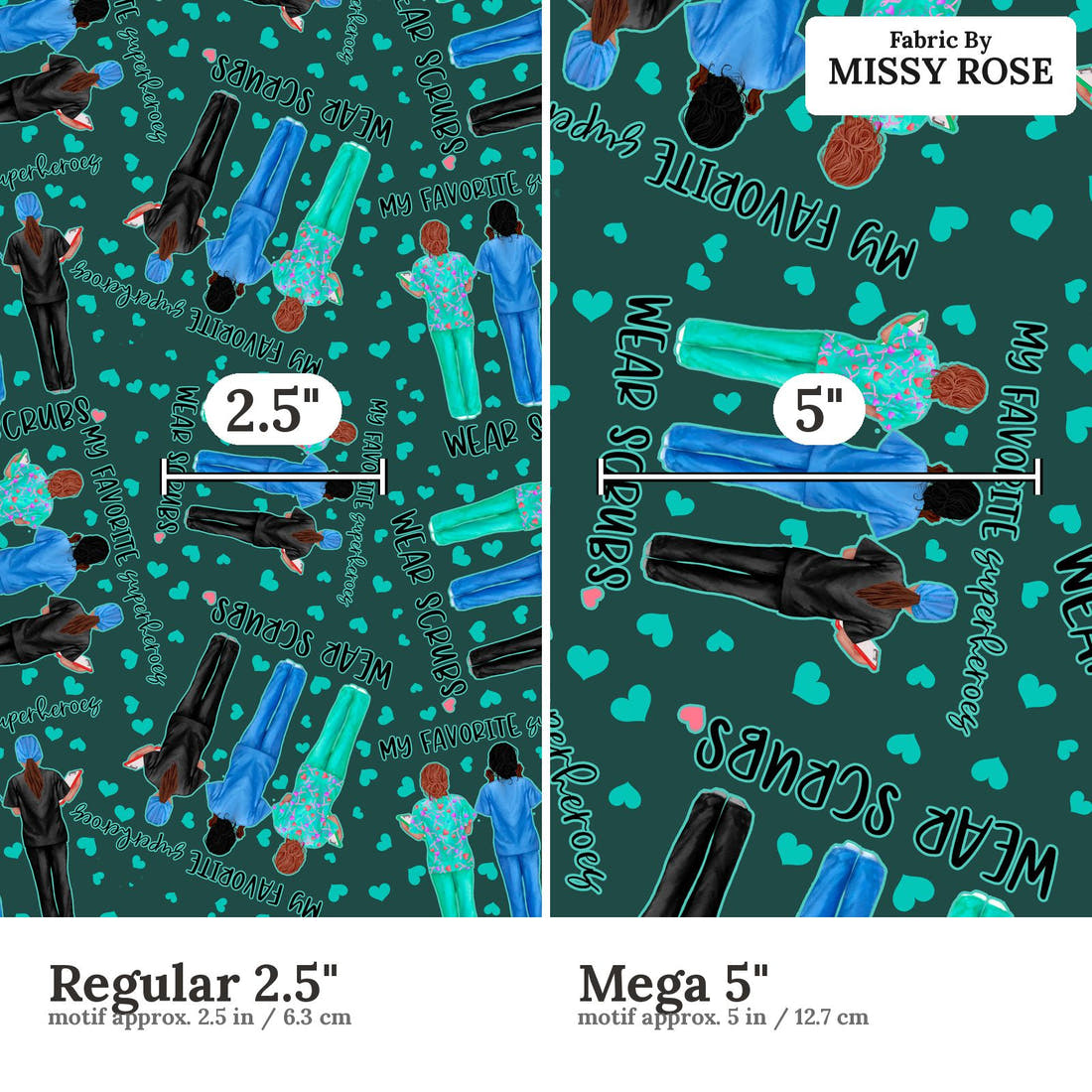 Design 377 Nurse Superhero Fabric size comparison - print scale | Fabric by Missy Rose