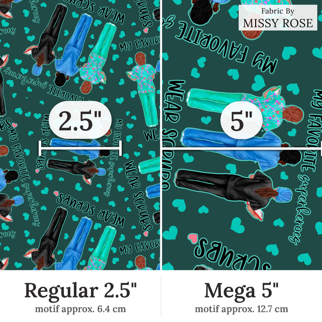 Design 377 Nurse Superhero Fabric Regular 2.5 inch vs Mega 5 inch print scale side by side | Fabric by Missy Rose