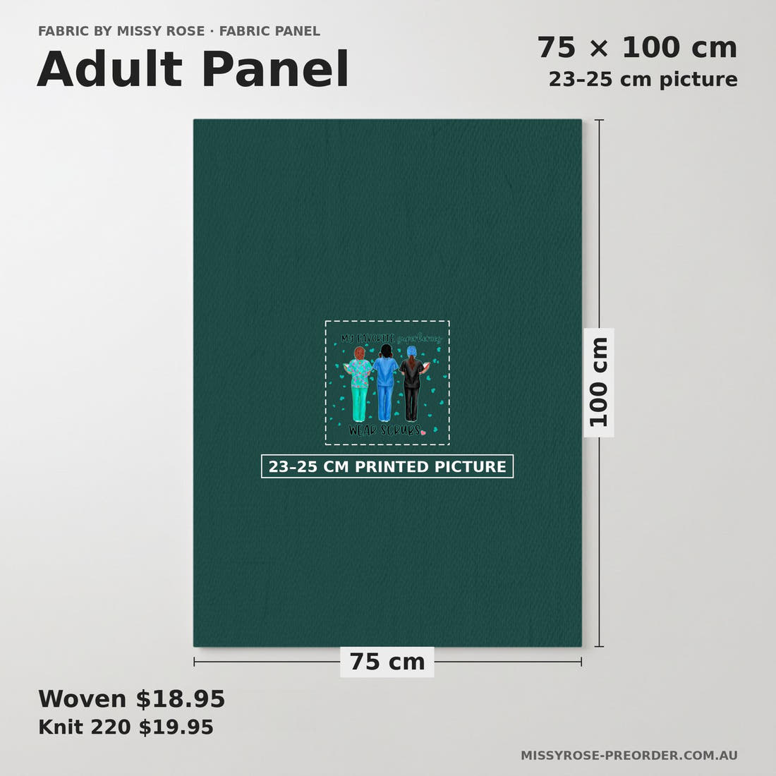 Design 377 Nurse Superhero Panel adult panel sizing – 23–25 cm printed picture on 75 × 100 cm fabric | Fabric by Missy Rose