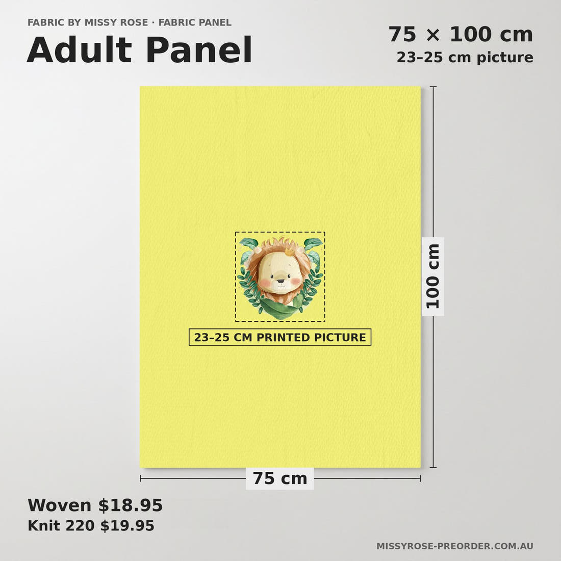 Design 378 Yellow Lion Panel adult panel sizing – 23–25 cm printed picture on 75 × 100 cm fabric | Fabric by Missy Rose