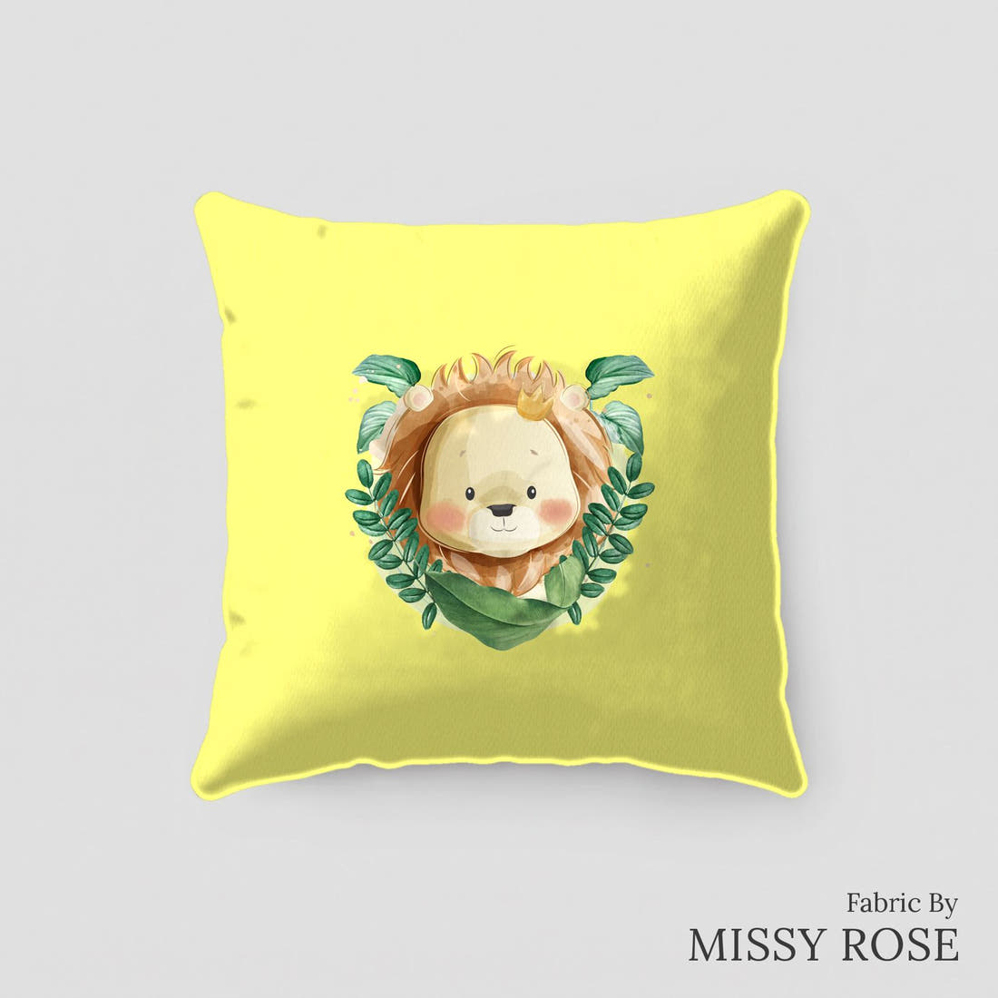 Design 378 Yellow Lion Panel sewn into a cushion – see how the panel looks made up | Fabric by Missy Rose