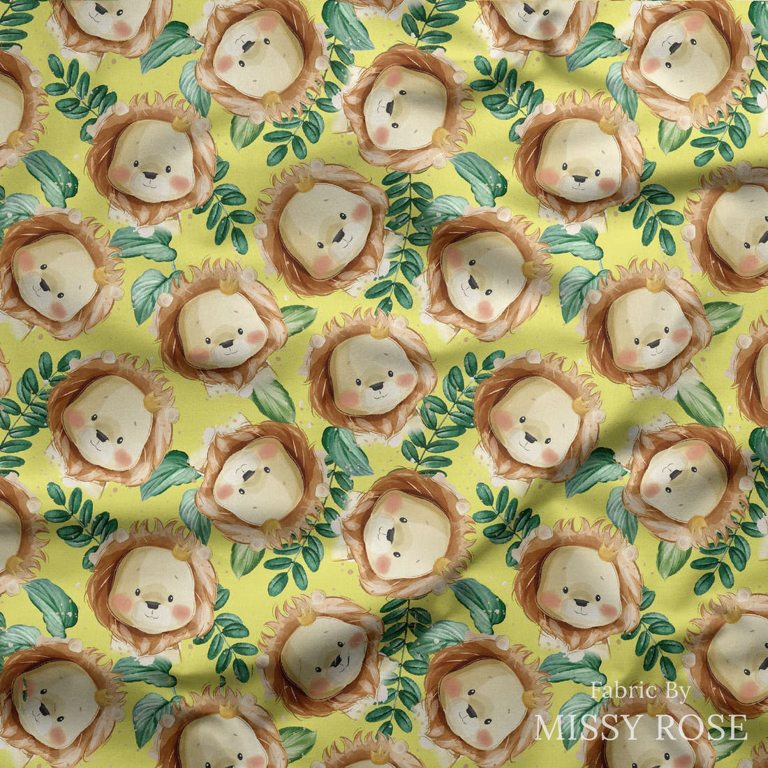Design 378 Yellow Lion Fabric draped fabric mockup – custom printed fabric by the metre | Fabric by Missy Rose