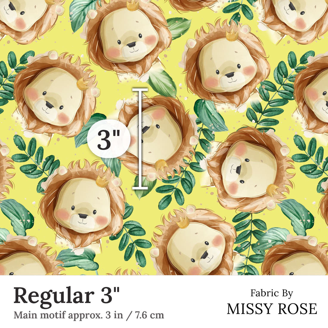 Design 378 Yellow Lion Fabric Regular 3 inch print scale guide | Fabric by Missy Rose