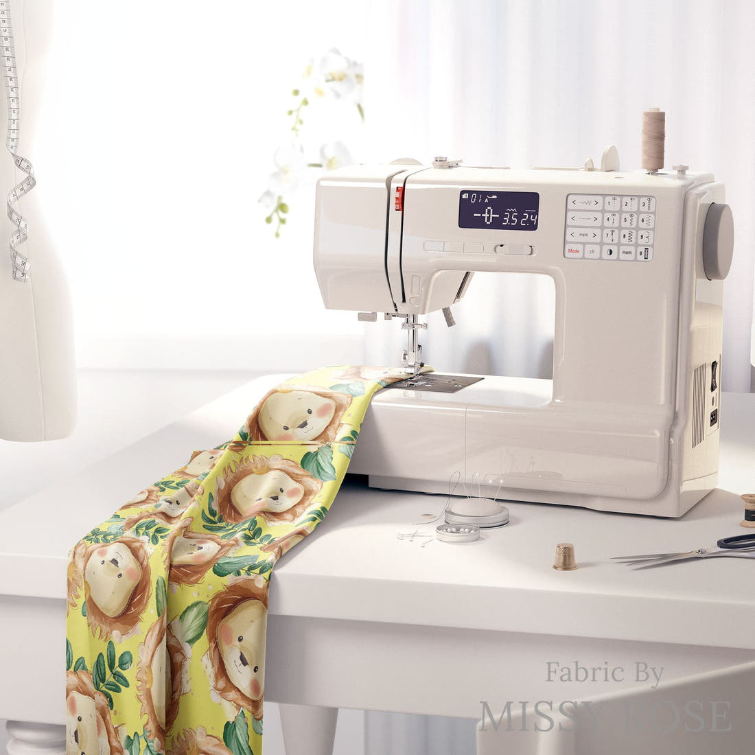 Design 378 Yellow Lion Fabric on a sewing machine – premium fabric for sewing projects | Fabric by Missy Rose
