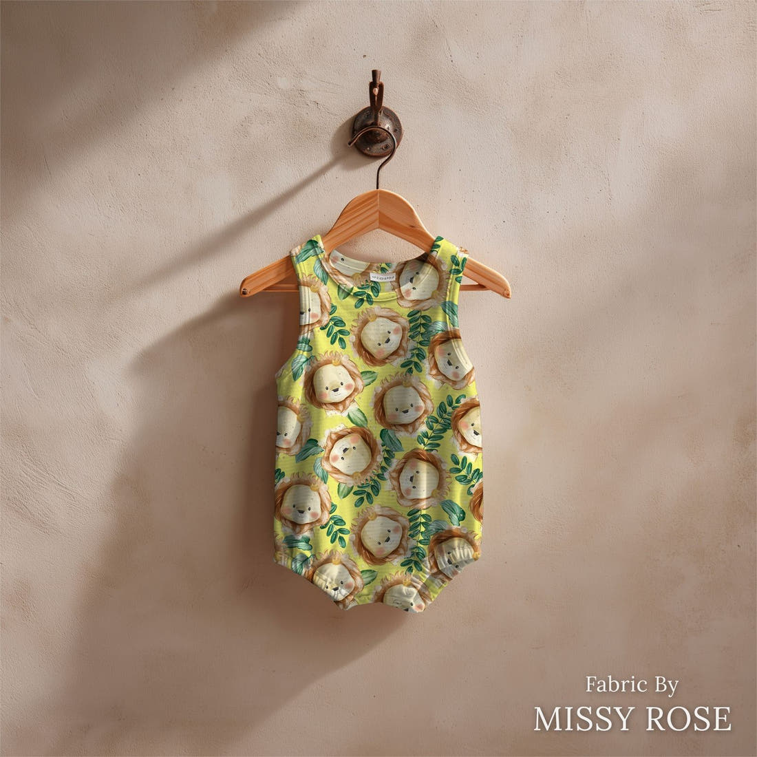Design 378 Yellow Lion Fabric sewn into a baby romper – see how the print looks made up | Fabric by Missy Rose