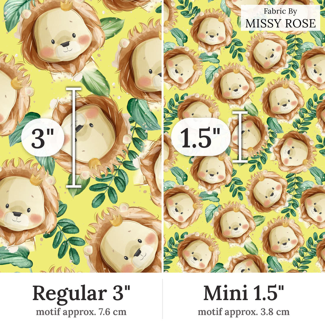 Design 378 Yellow Lion Fabric Regular 3 inch vs Mini 1.5 inch print scale side by side | Fabric by Missy Rose