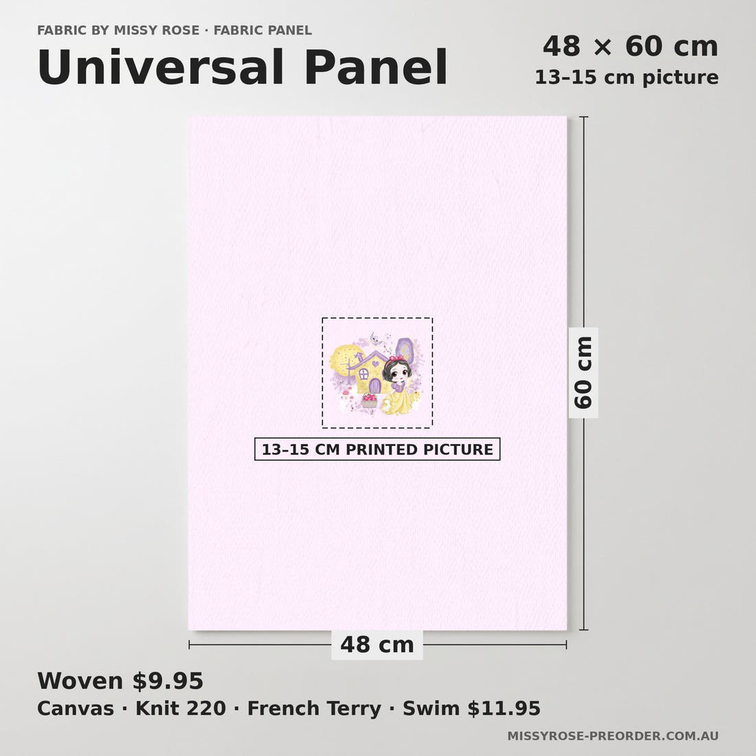 Design 379 Princess Panel universal panel sizing – 13–15 cm printed picture on 48 × 60 cm fabric | Fabric by Missy Rose