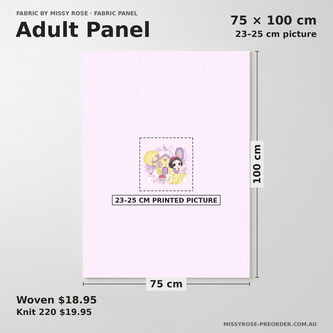 Design 379 Princess Panel adult panel sizing – 23–25 cm printed picture on 75 × 100 cm fabric | Fabric by Missy Rose