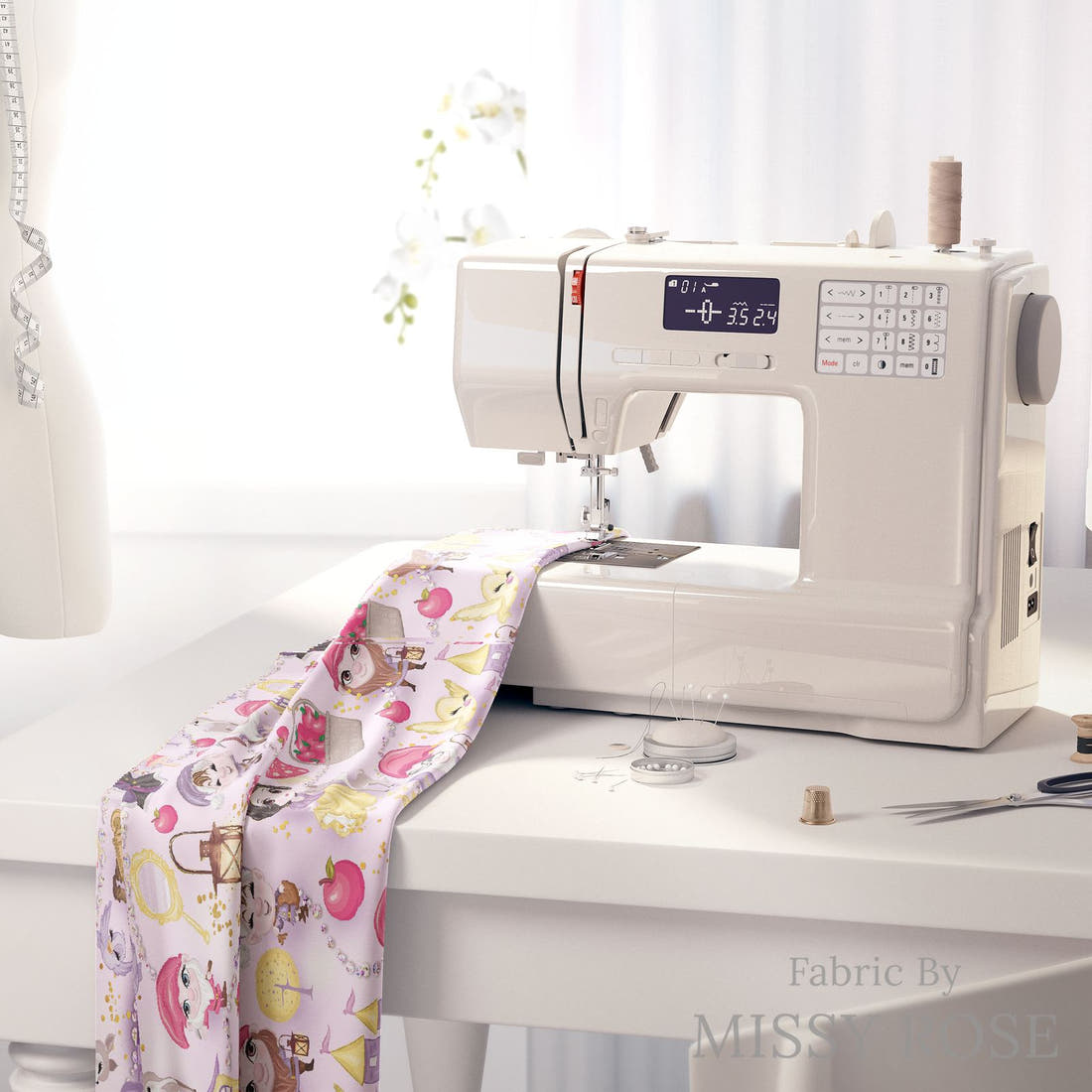 Design 379 Princess Fabric on a sewing machine – premium fabric for sewing projects | Fabric by Missy Rose
