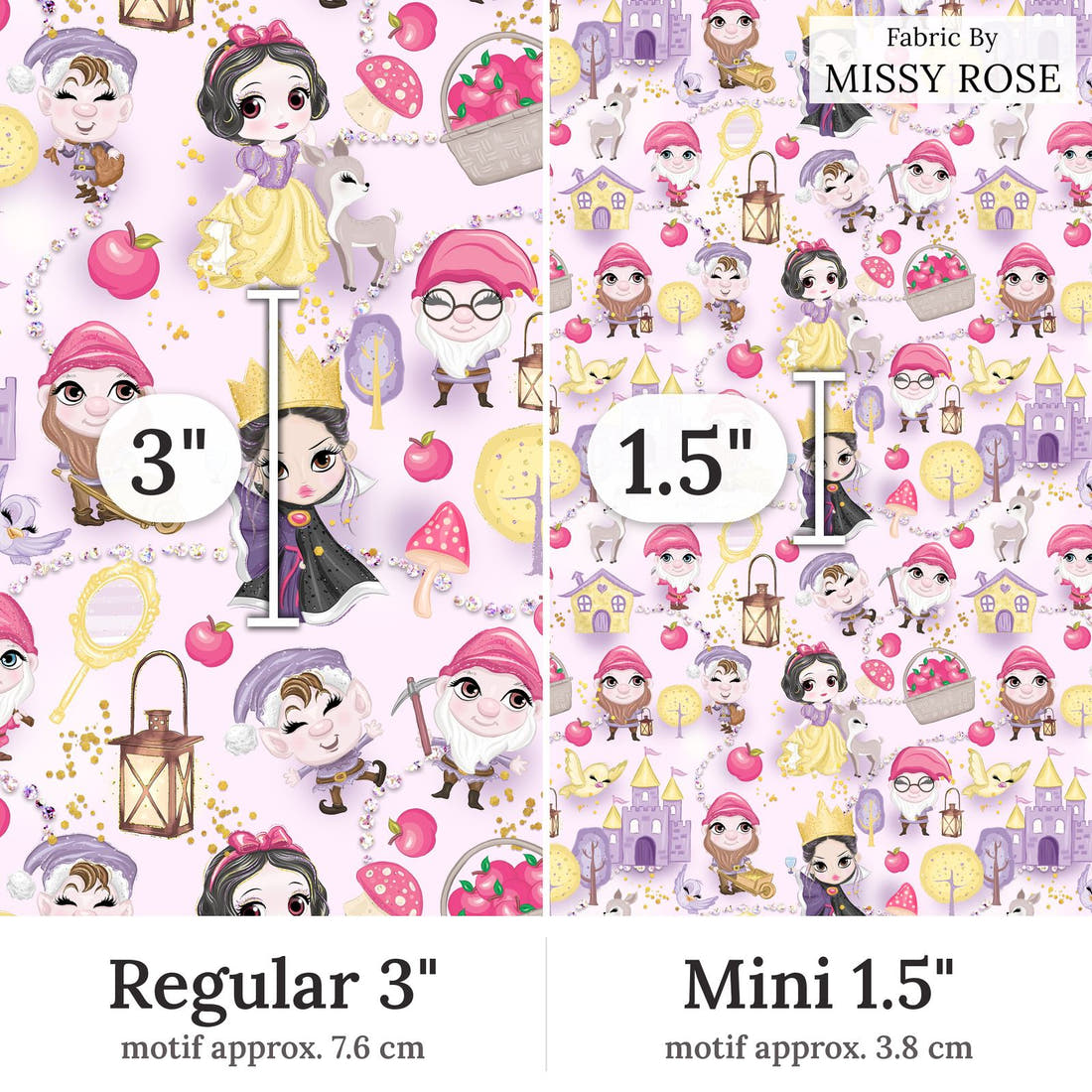 Design 379 Princess Fabric Regular 3 inch vs Mini 1.5 inch print scale side by side | Fabric by Missy Rose