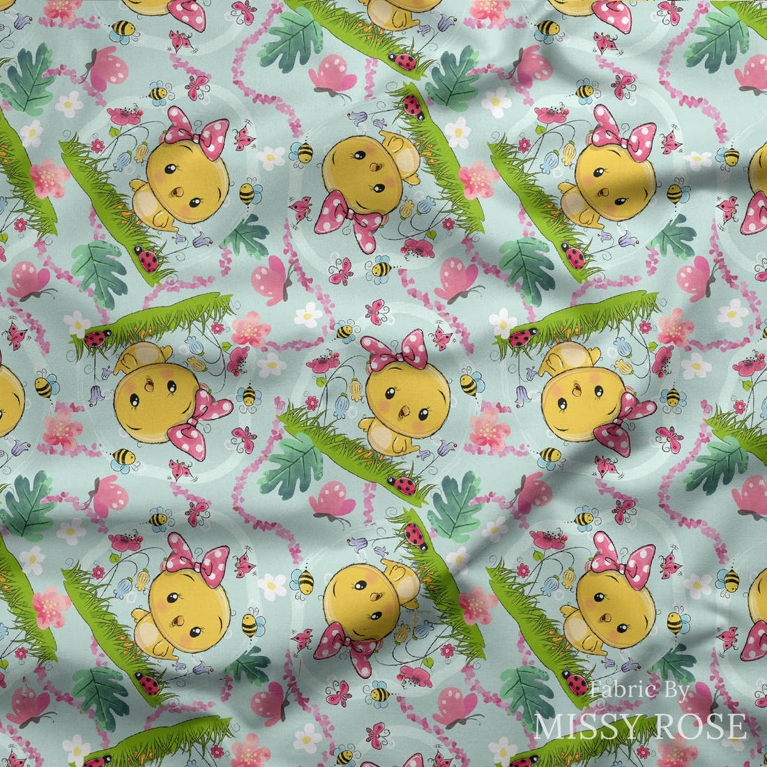 Design 38 Cute Chick Fabric draped fabric mockup – custom printed fabric by the metre | Fabric by Missy Rose