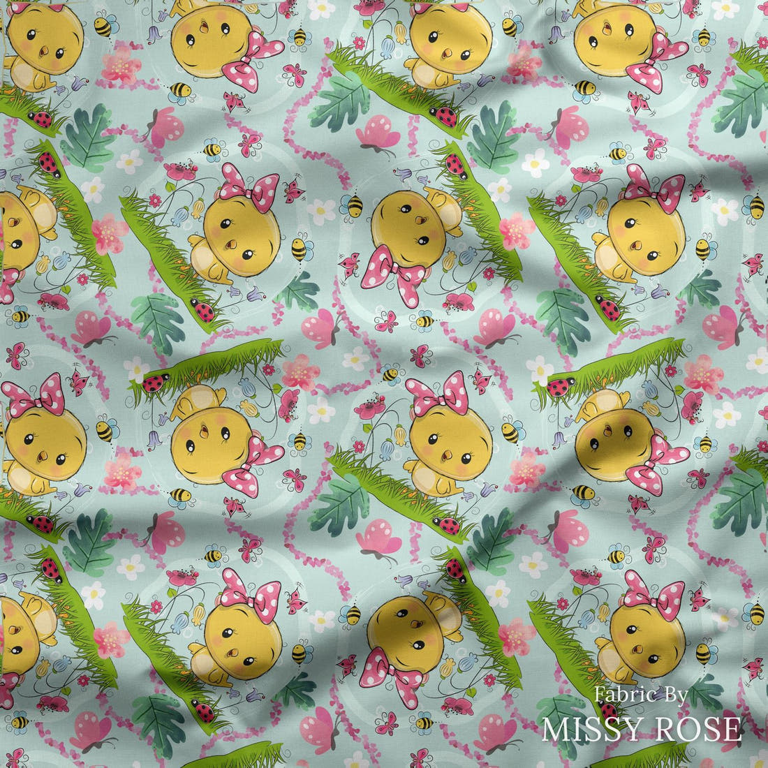 Design 38 Cute Chick Fabric draped fabric mockup – custom printed fabric by the metre | Fabric by Missy Rose