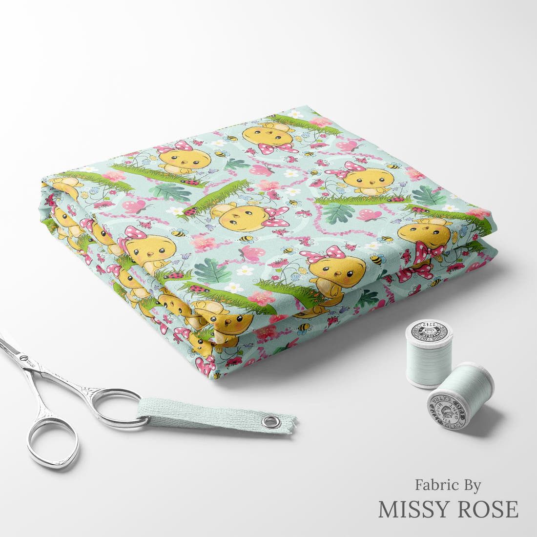 Design 38 Cute Chick Fabric folded fabric stack with matching thread – pre-order fabric Australia | Fabric by Missy Rose