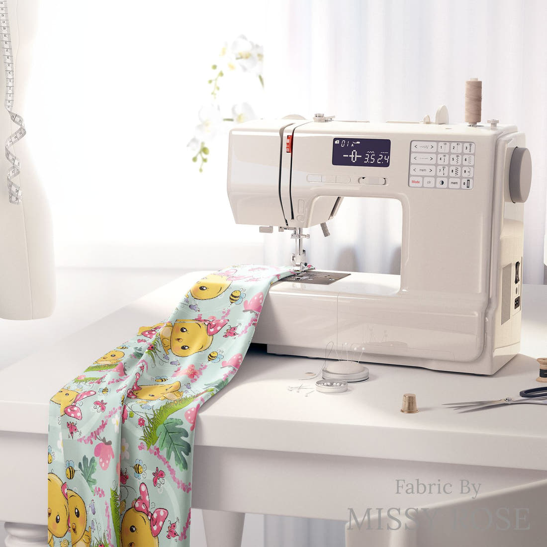 Design 38 Cute Chick Fabric on a sewing machine – premium fabric for sewing projects | Fabric by Missy Rose