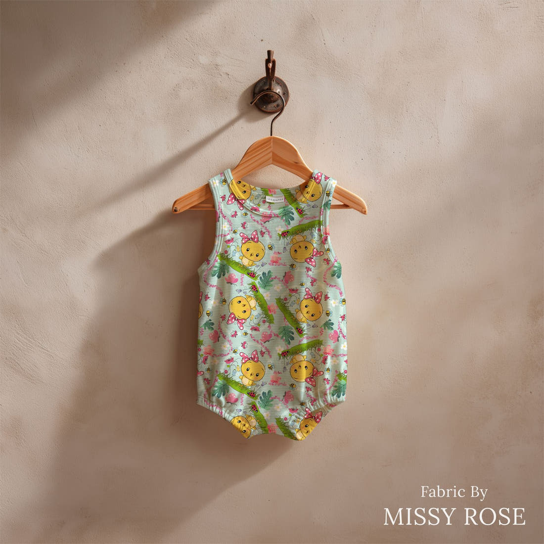 Design 38 Cute Chick Fabric sewn into a baby romper – see how the print looks made up | Fabric by Missy Rose