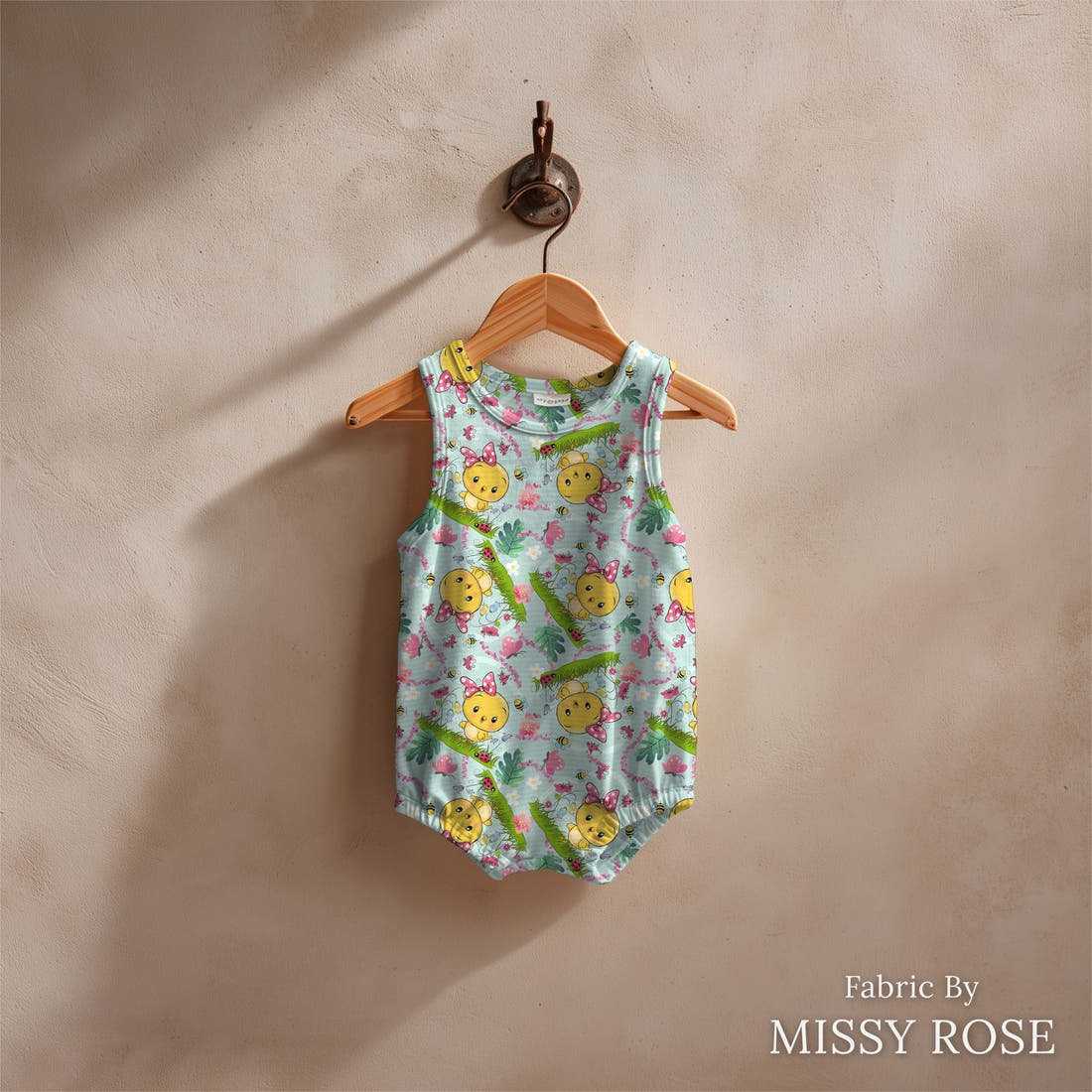 Design 38 Cute Chick Fabric sewn into a baby romper – see how the print looks made up | Fabric by Missy Rose