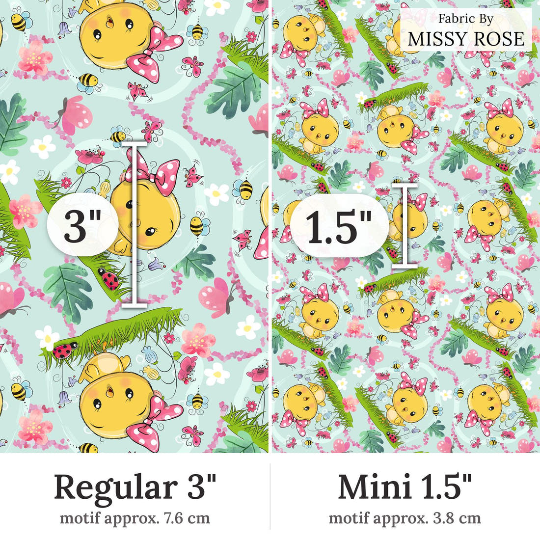 Design 38 Cute Chick Fabric Regular 3 inch vs Mini 1.5 inch print scale side by side | Fabric by Missy Rose