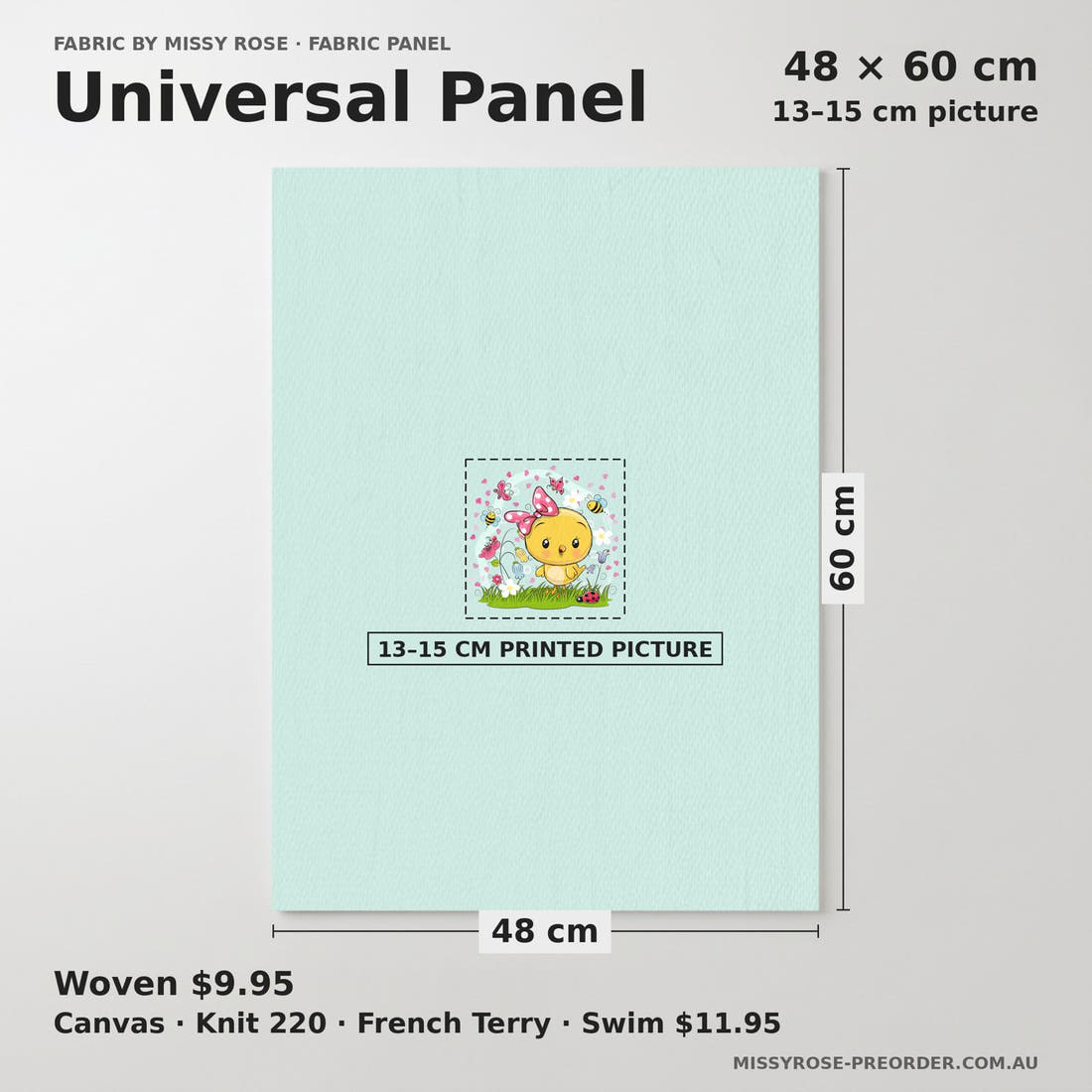 Design 38 Cute Chick Panel universal panel sizing – 13–15 cm printed picture on 48 × 60 cm fabric | Fabric by Missy Rose