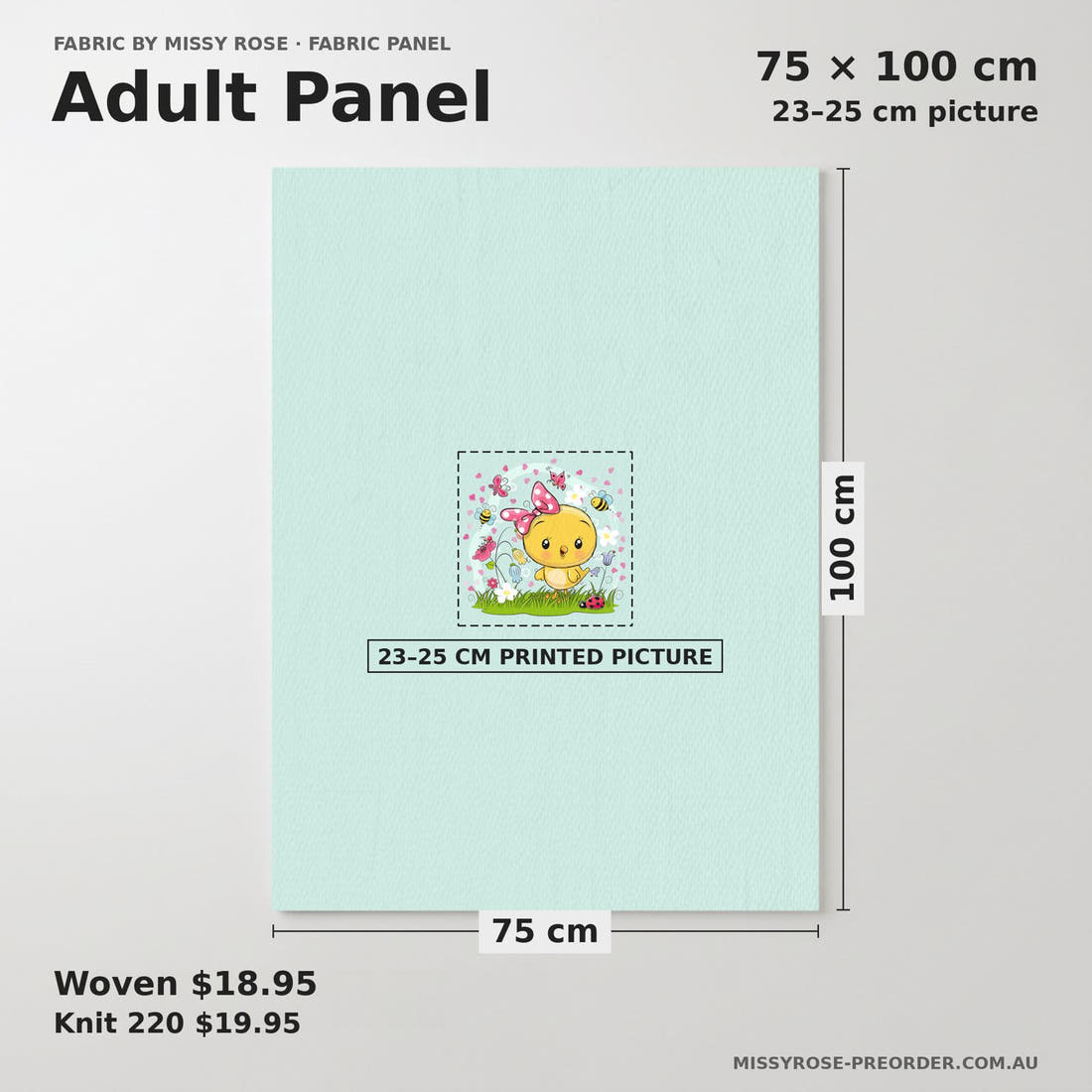 Design 38 Cute Chick Panel adult panel sizing – 23–25 cm printed picture on 75 × 100 cm fabric | Fabric by Missy Rose