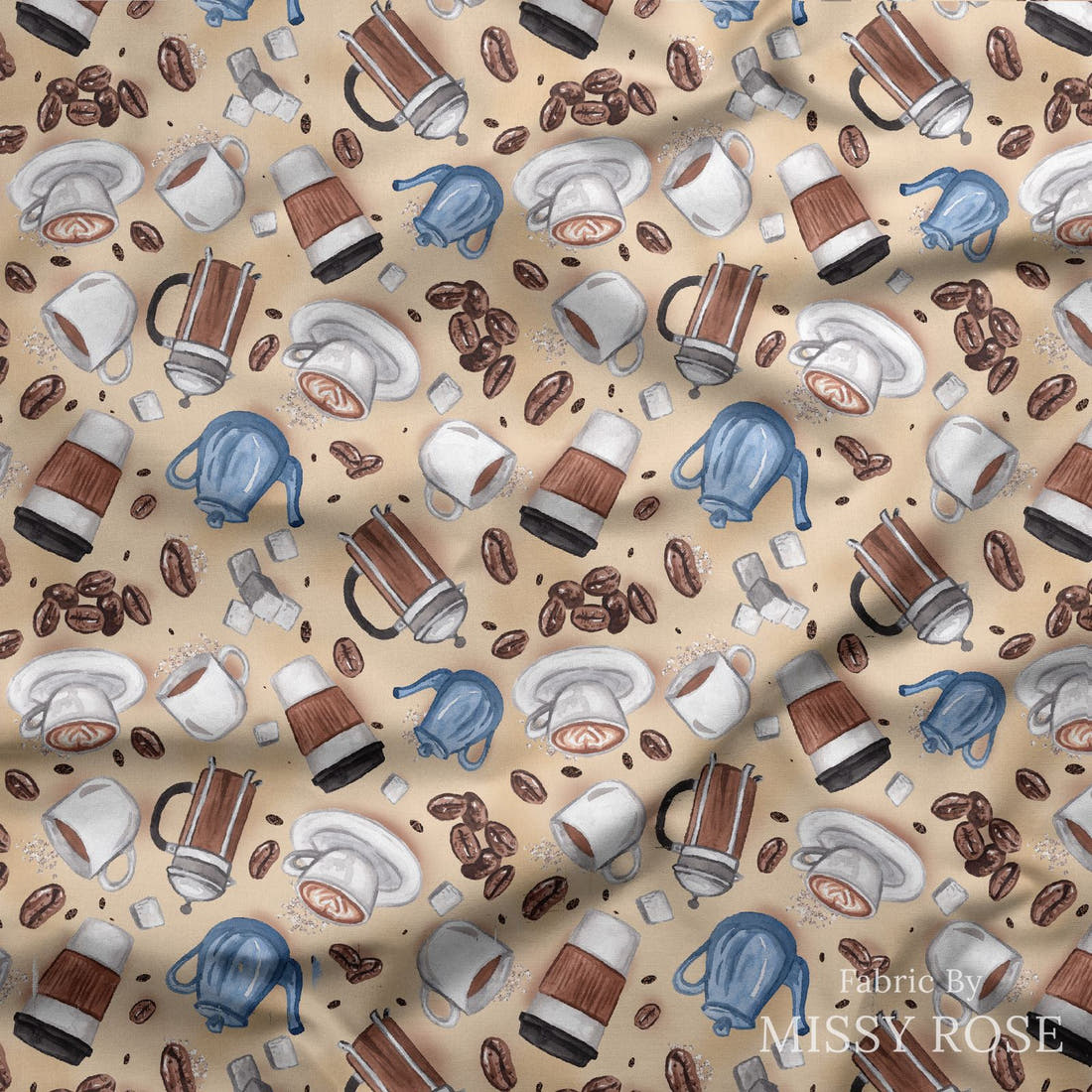 Design 380 Coffee Fabric draped fabric mockup – custom printed fabric by the metre | Fabric by Missy Rose