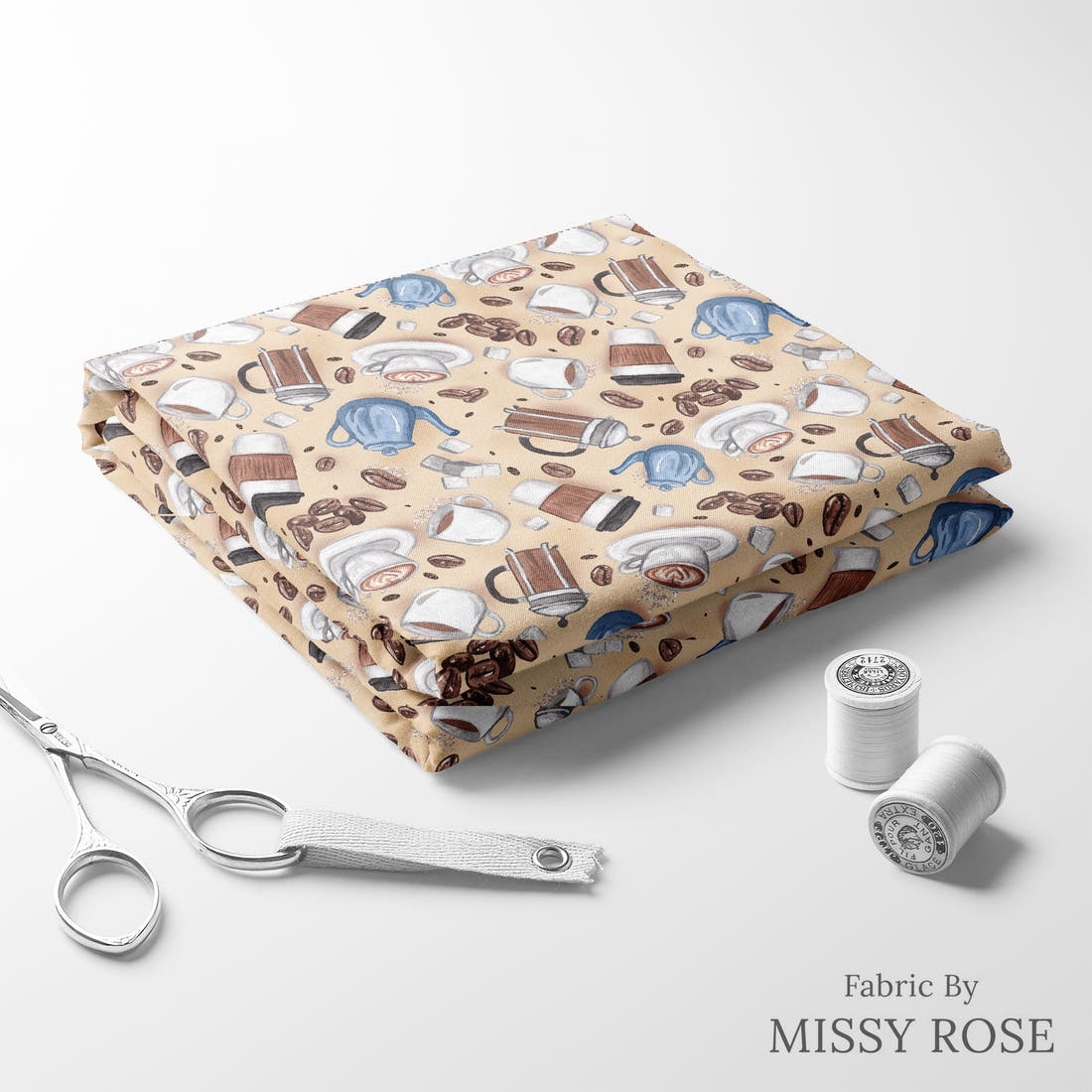 Design 380 Coffee Fabric folded fabric stack with matching thread – pre-order fabric Australia | Fabric by Missy Rose