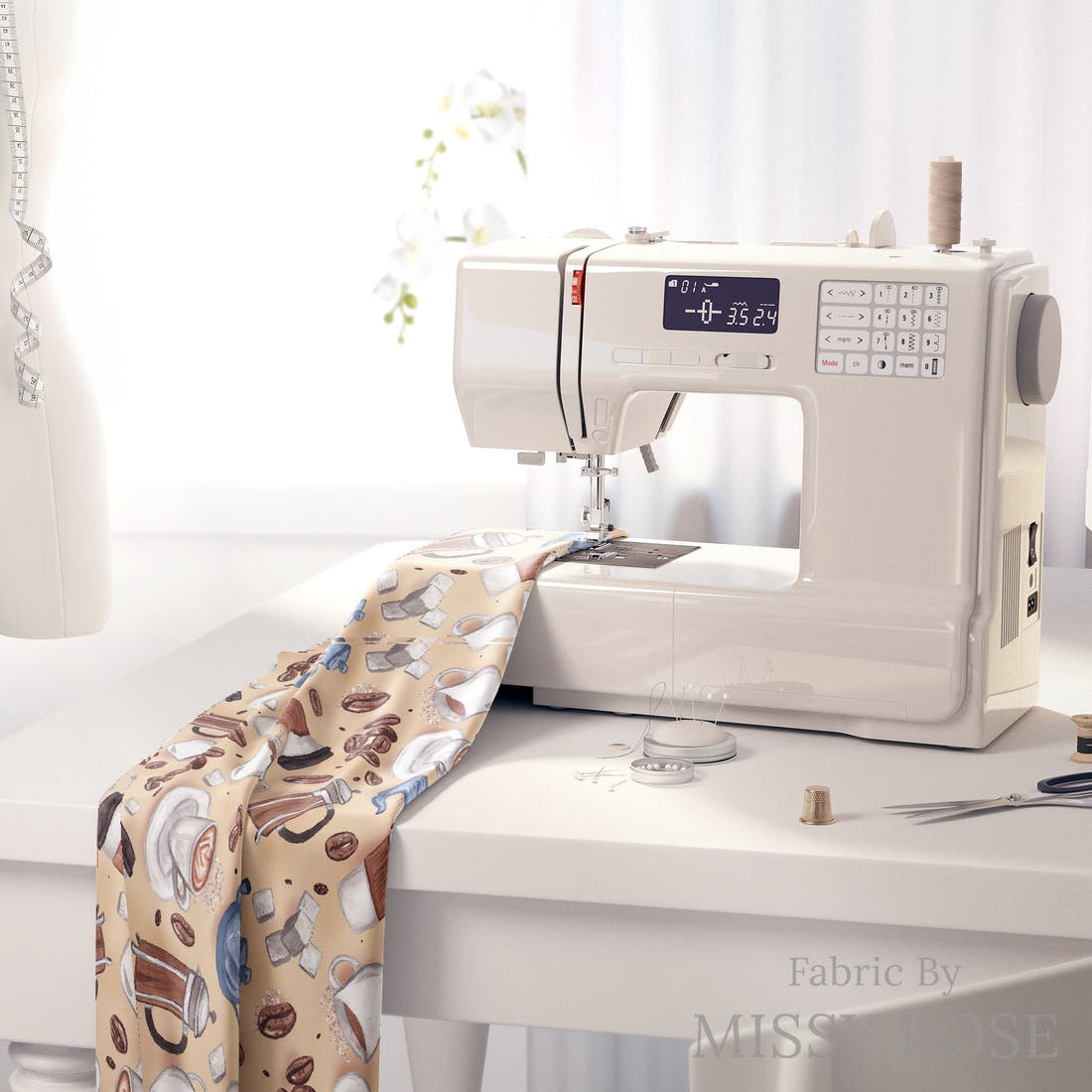 Design 380 Coffee Fabric on a sewing machine – premium fabric for sewing projects | Fabric by Missy Rose
