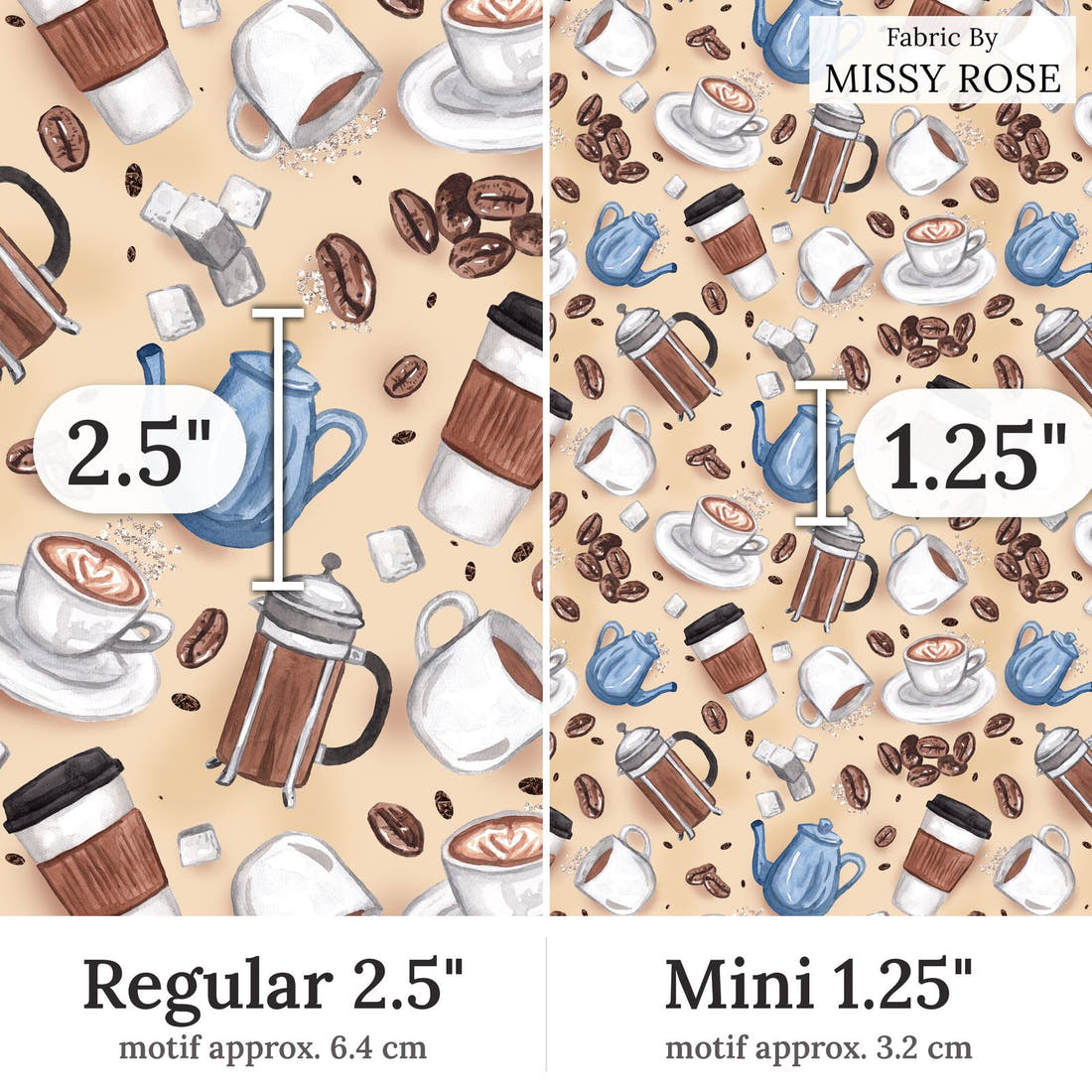 Design 380 Coffee Fabric Regular 2.5 inch vs Mini 1.25 inch print scale side by side | Fabric by Missy Rose