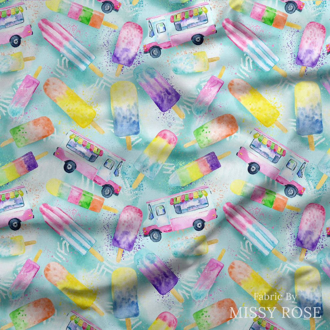 Design 382 Ice Cream Truck Fabric draped fabric mockup – custom printed fabric by the metre | Fabric by Missy Rose
