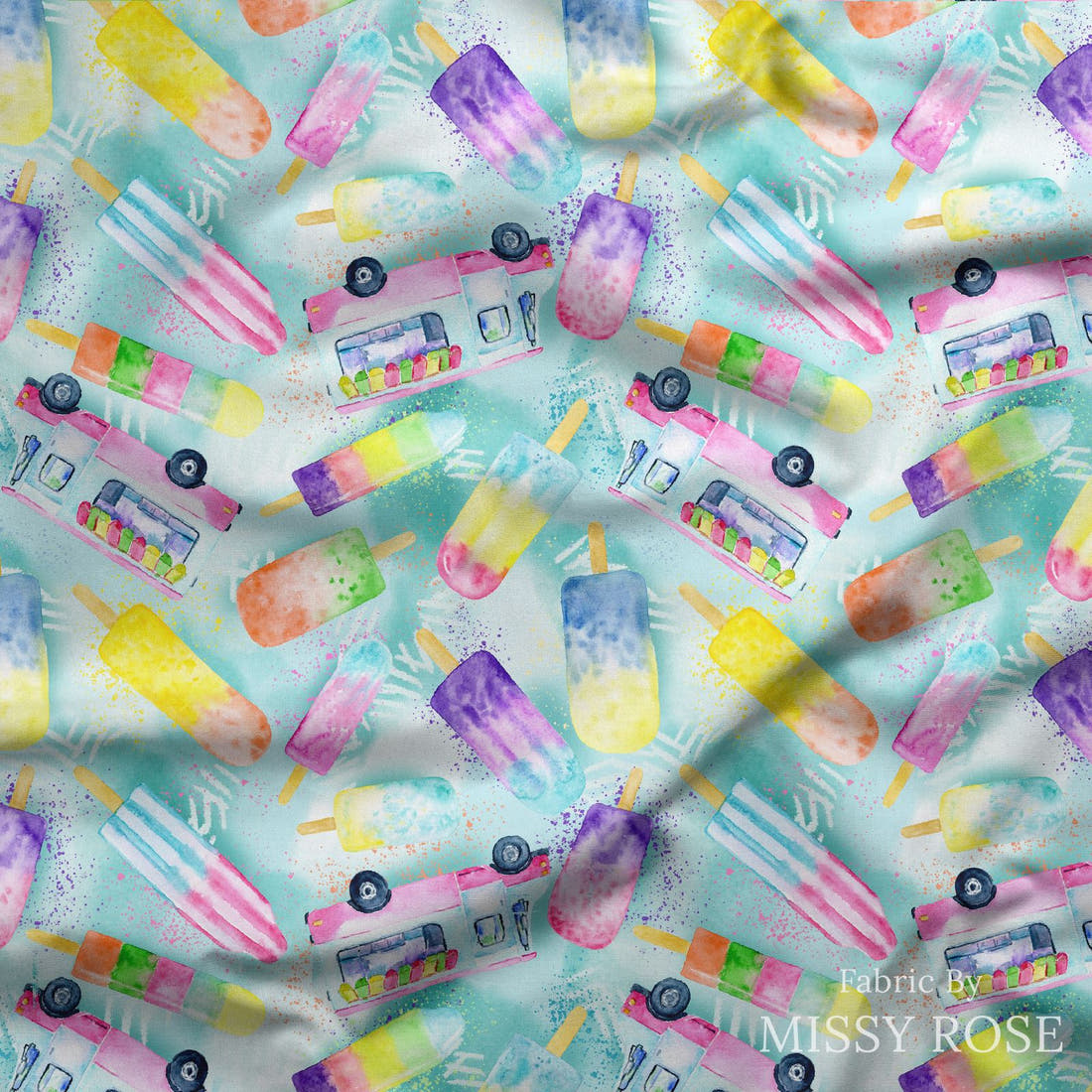 Design 382 Ice Cream Truck Fabric draped fabric mockup – custom printed fabric by the metre | Fabric by Missy Rose
