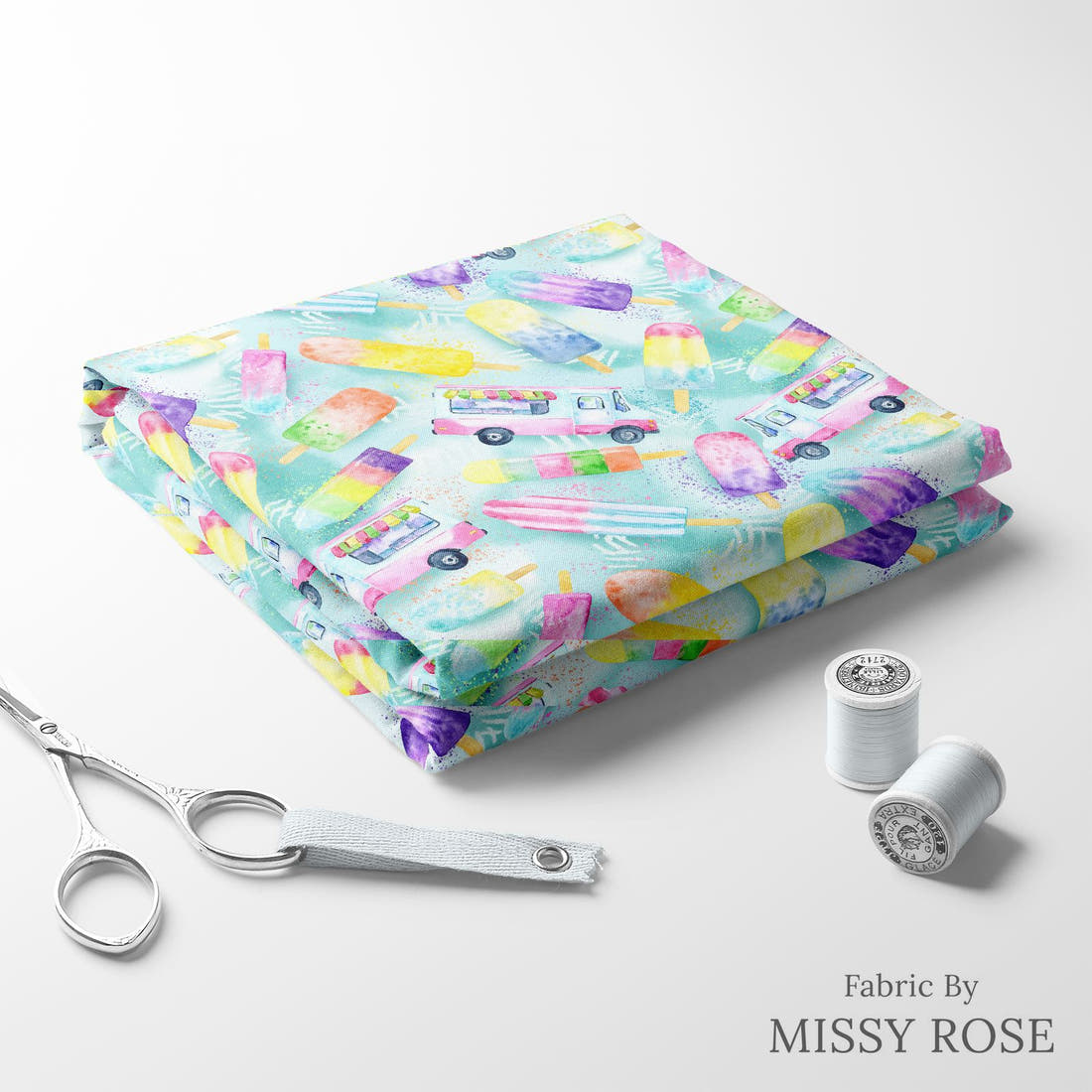 Design 382 Ice Cream Truck Fabric folded fabric stack with matching thread – pre-order fabric Australia | Fabric by Missy Rose