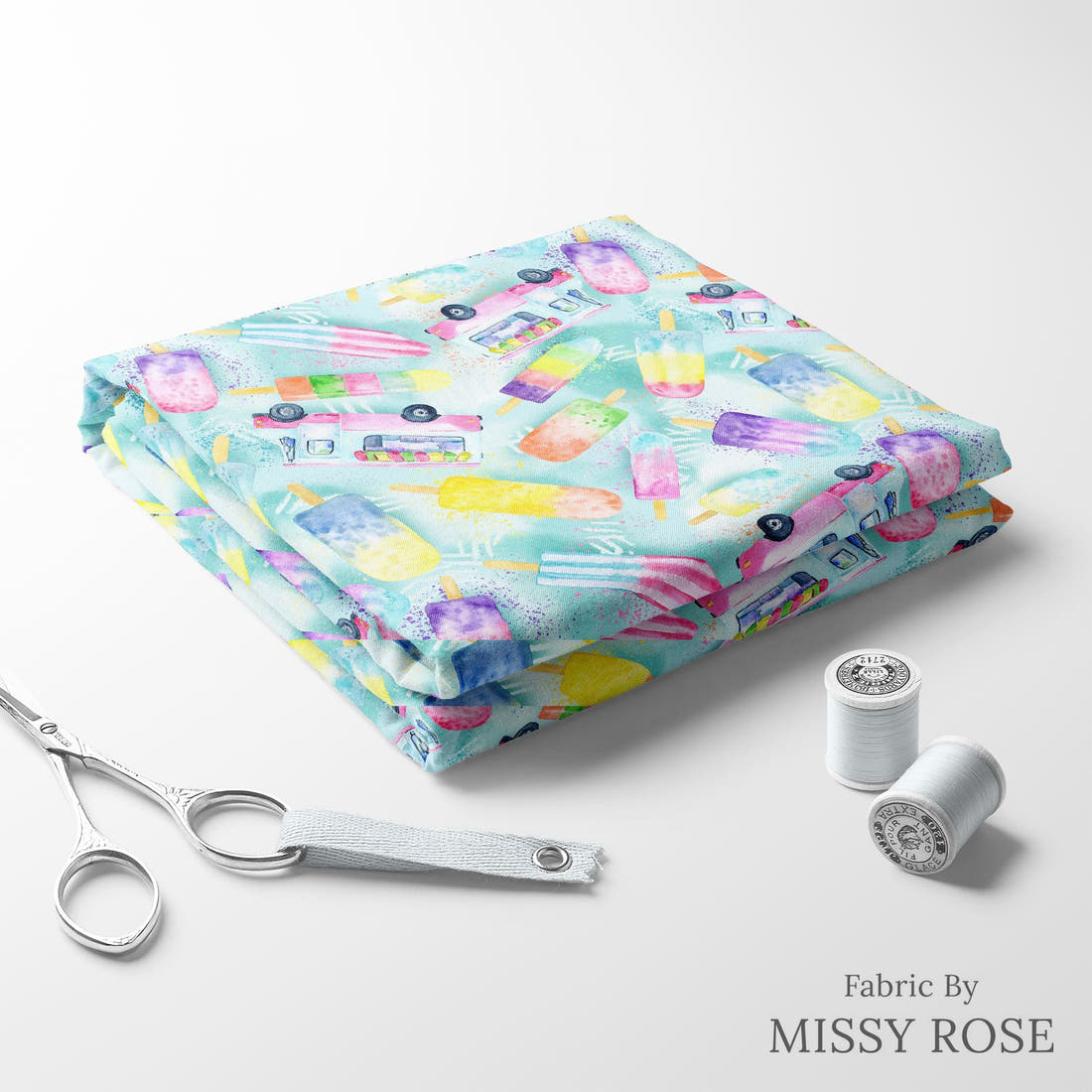 Design 382 Ice Cream Truck Fabric folded fabric stack with matching thread – pre-order fabric Australia | Fabric by Missy Rose