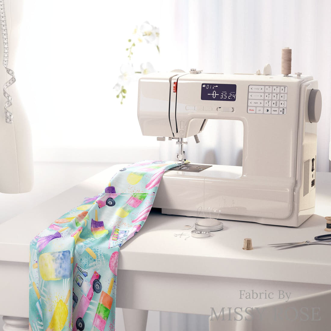 Design 382 Ice Cream Truck Fabric on a sewing machine – premium fabric for sewing projects | Fabric by Missy Rose